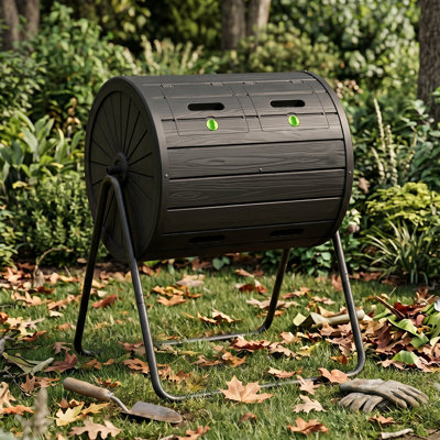 37.5 Gallon Dual Chamber Rotating Compost Tumbler, Wood Grain Design With Steel Support Stand – Weatherproof For Backyard Garden Patio