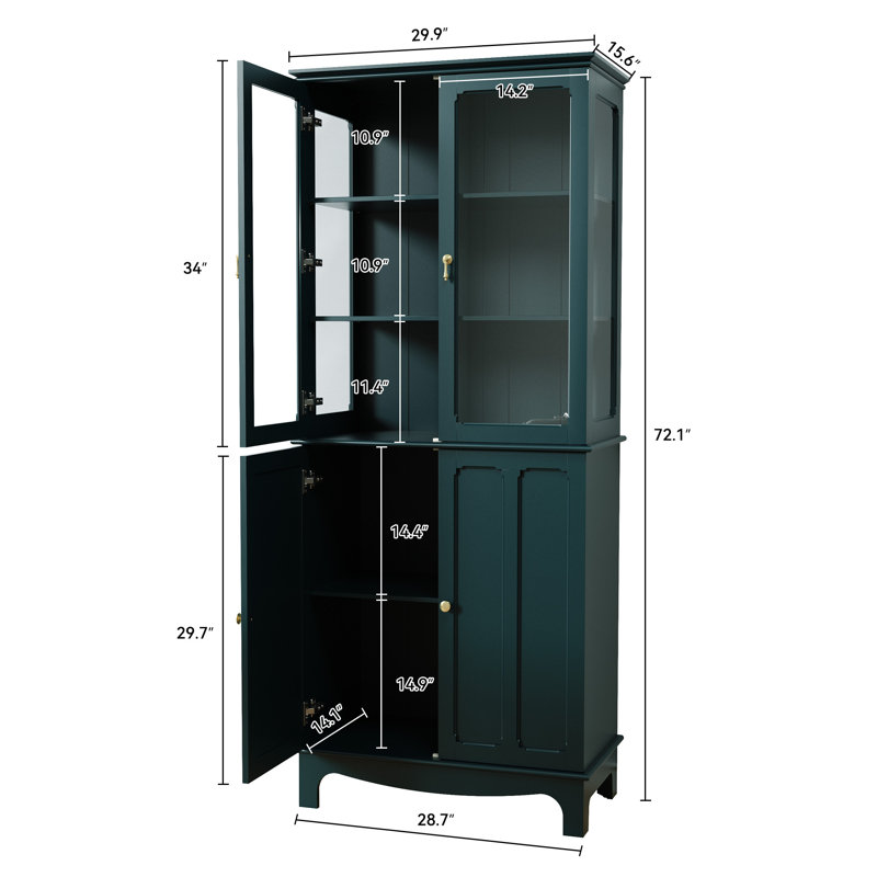 Ellerby 72" Freestanding Kitchen Pantry with Glass Doors and Adjustable Shelves, Green