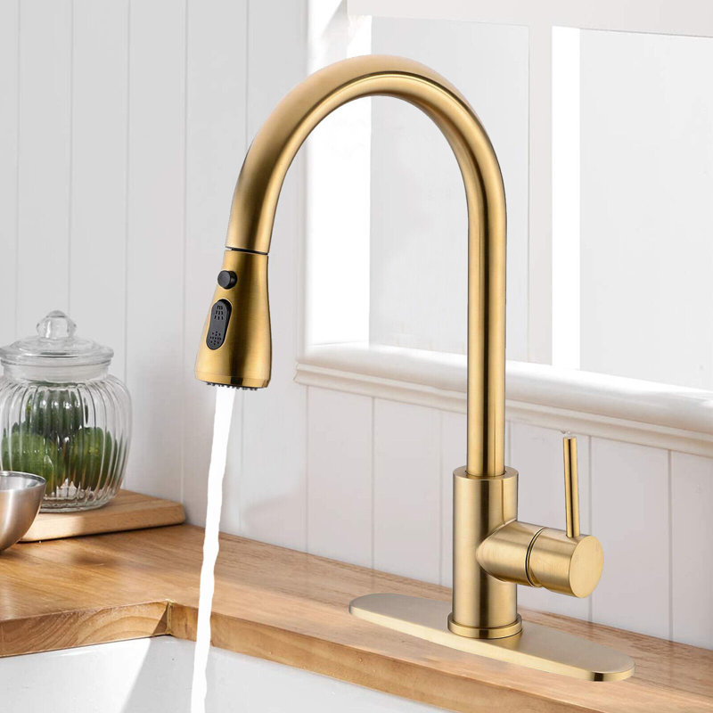 Brushed Gold Single Handle High ArcPull Out Kitchen Faucet,Single Level Stainless Steel Kitchen Sink Faucets with Pull Down Sprayer