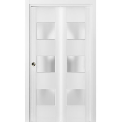 Sliding Closet Bi-Fold Doors | Lucia 4070 White Silk With Frosted Glass | Sturdy Tracks Moldings Trims Hardware Set | Wood Solid Bedroom Wardrobe Doors