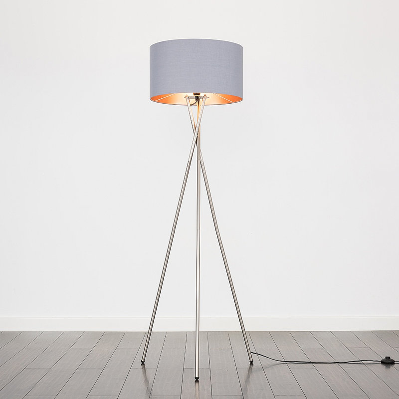 Misner 155cm Camden Tripod Floor Lamp with Large Reni Shade, Grey & Copper, Yes, Brushed Chrome 
