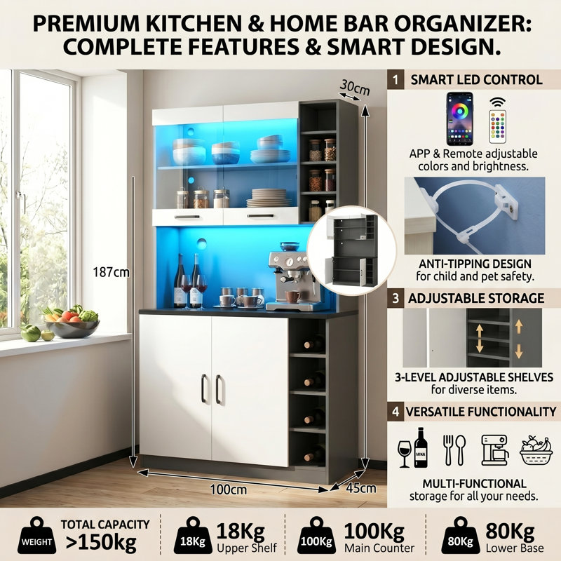 100cm W Large Freestanding Kitchen Cabinet & Microwave Stand with App-Controlled RGB LED, Multi-Tier Double Door Pantry Cupboard, Modern Wood
