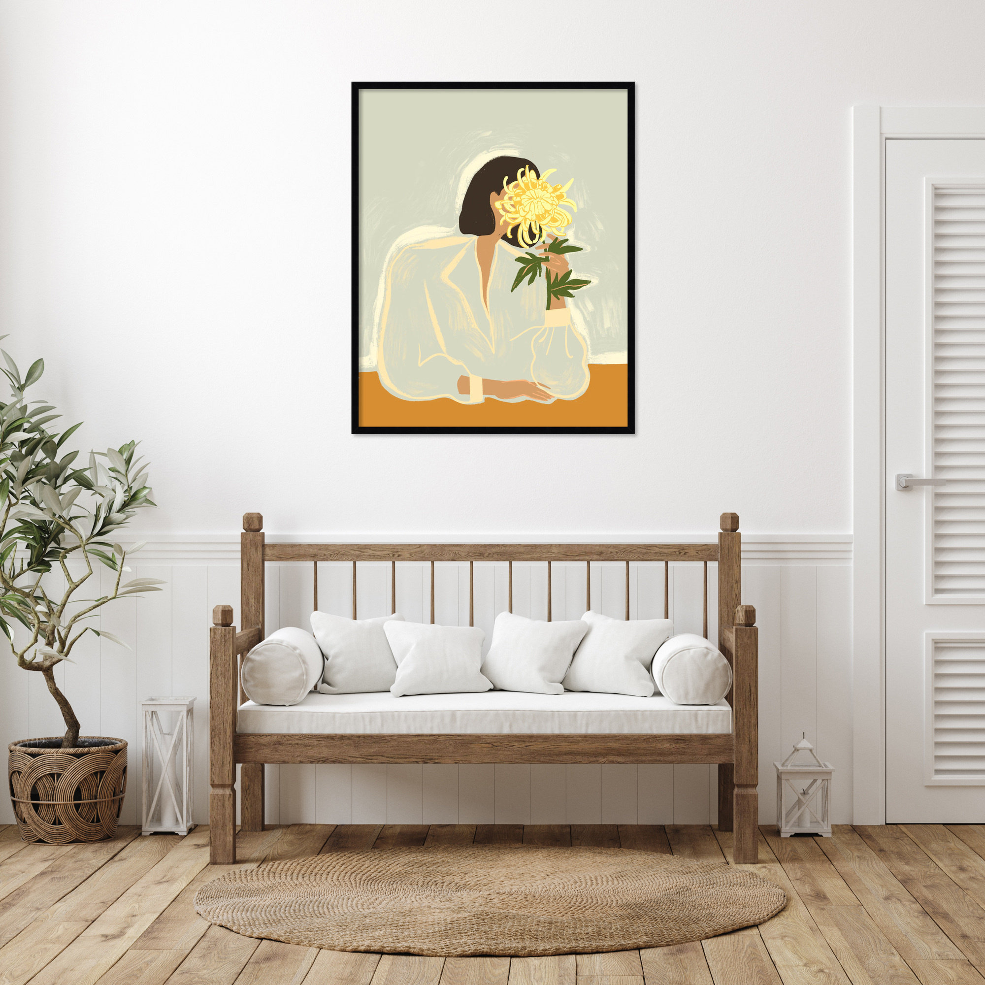 Lady With Chrysanthemum by Arty Guava Wood Framed Wall Art Print, Black, 41" H x 33" W