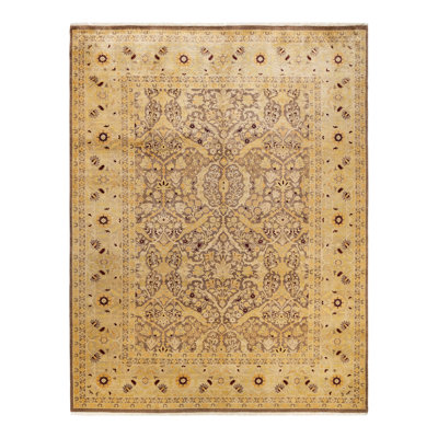 Tapis jaune / brun en laine nouée à la main 9 pi 1 po x 11 pi 10 po New Age Rugen