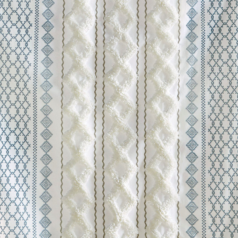 Cotton Printed Curtain Panel With Chenille Stripe And Lining, 50" W x 84" L,  Blue/White