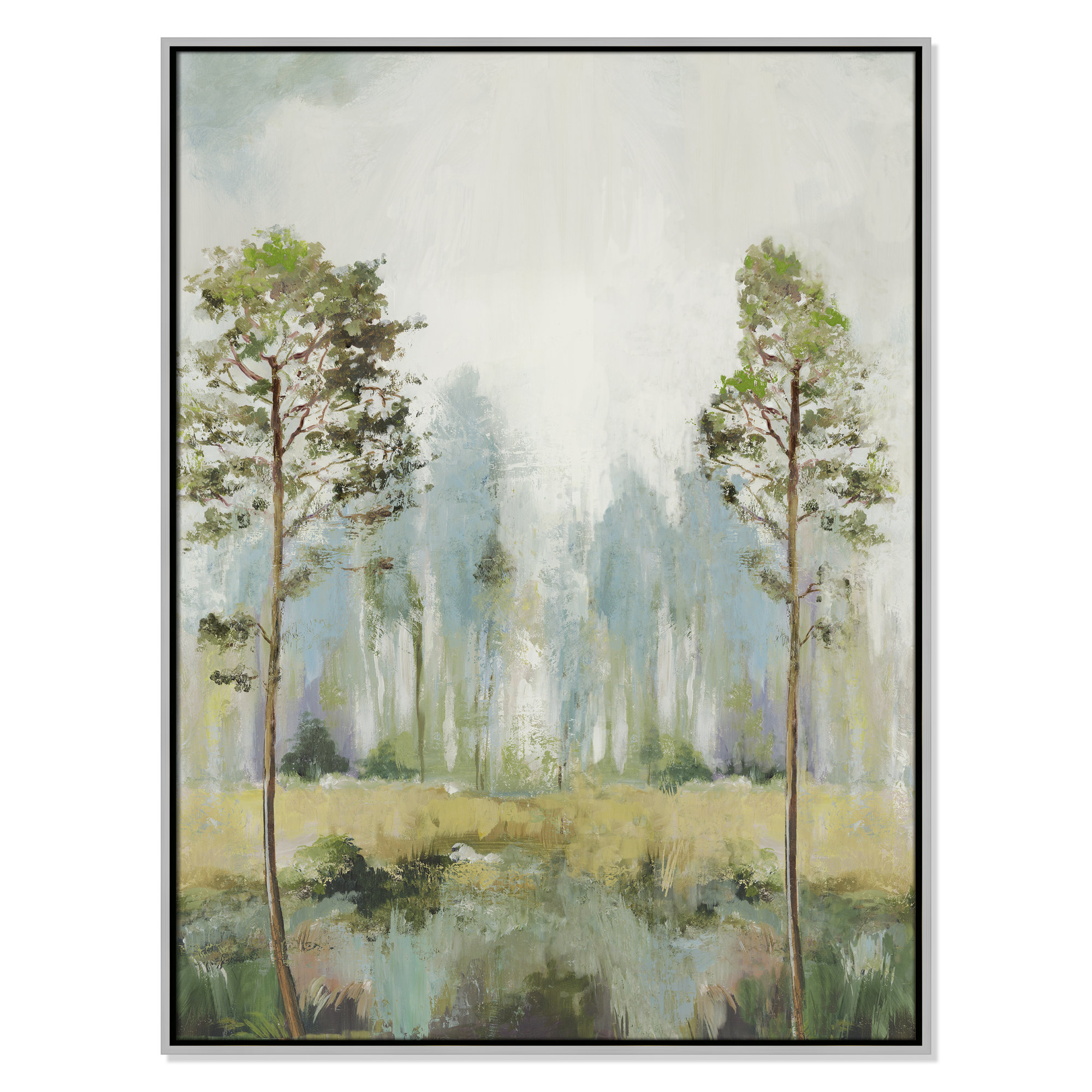 Tall Green Trees II by Teton Pearce - Floater Frame Print on Canvas, 41.5" H x 31.5" W, Silver