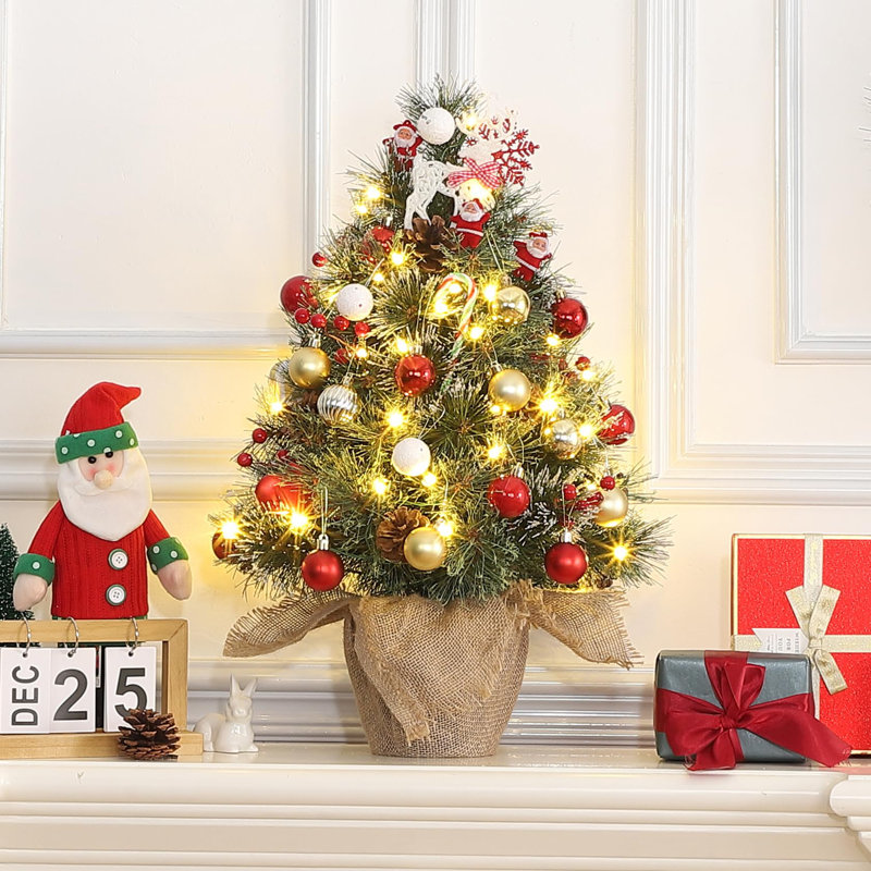 Arbre de Noël illuminé 2 pi avec 50 lumières blanc chaud, pommes de pin et baies rouges