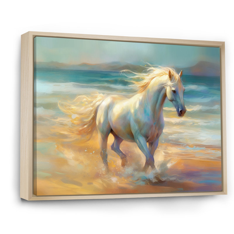 Cheval sur la plage I - art mural cheval, Cadre naturel flottant, H 34 po x l 44 po x P 1,5 po