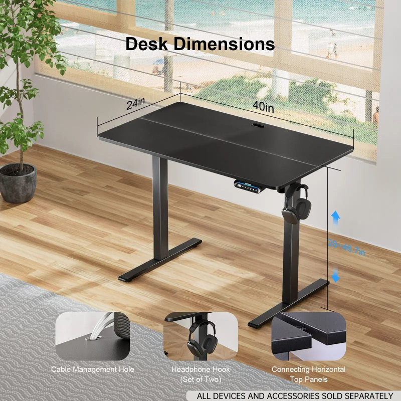 Extra Large Standing Desk Electric Height-Adjustable, Black, 39.37" W x 23.62" D
