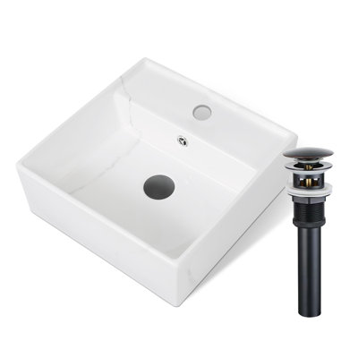 Lavabo de salle de bain vasque carré en céramique 16 po x 16 po avec aspect marbre et bonde escamotable