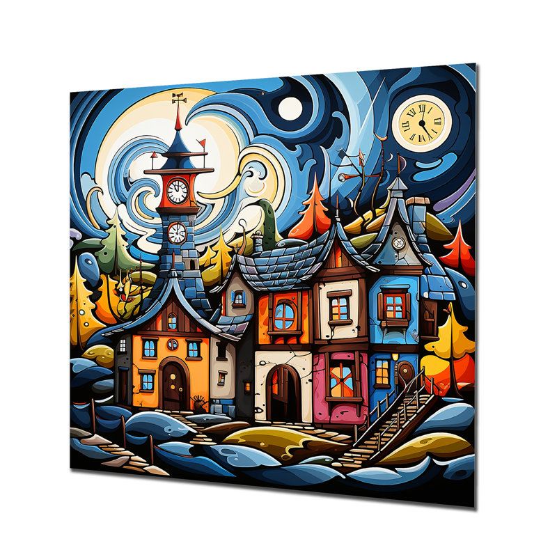 Paysage de village fantaisiste bleu - paysage abstrait, H 29 po x l 29 po