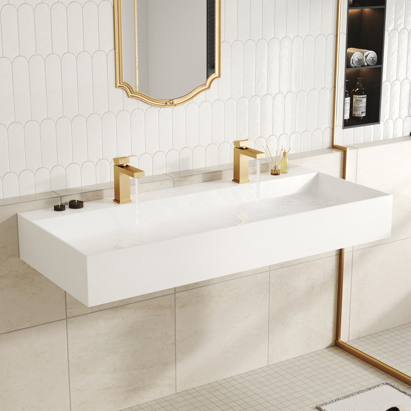 Lavabo de salle de bain mural en résine solide avec deux trous de robinet