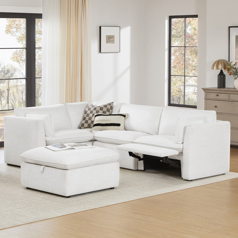 Modular Power Sectional With Ottoman, White Polyester