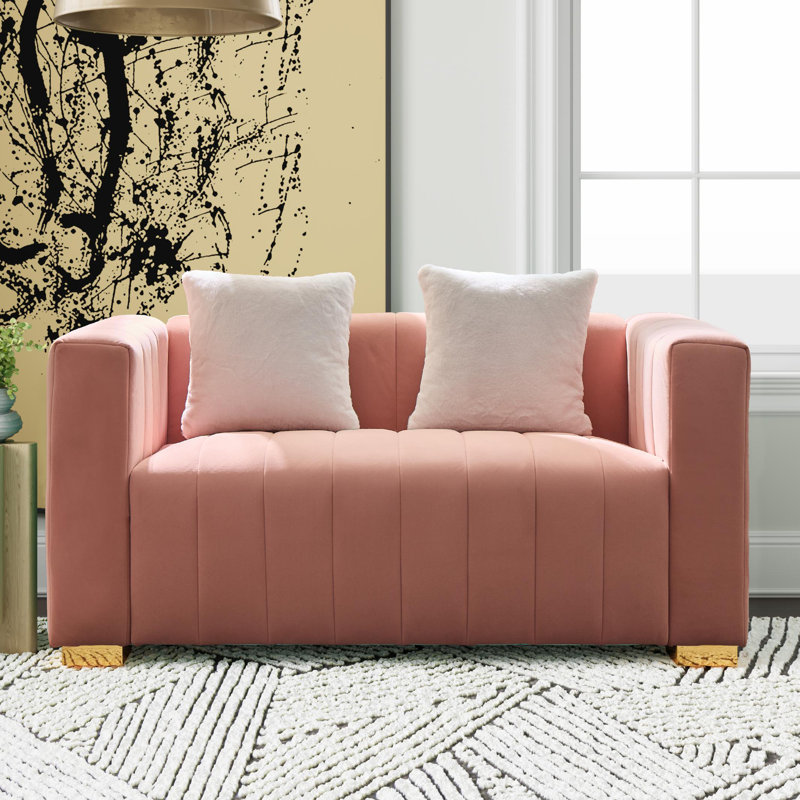 Causeuse à accoudoirs carrés en velours 62,6 po avec 2 coussins Clifford, rose, canapé moderne capitonné pour le salon, rose