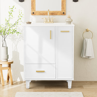Meuble-lavabo élégant avec lavabo - Design moderne et élégant, structure en bois massif et panneau de fibres à densité moyenne, grand rangement avec tiroir profond et panier coulissant à 2 niveaux