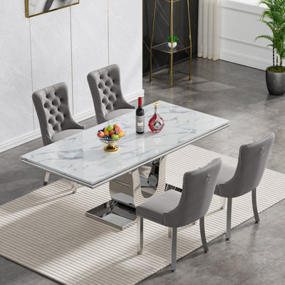 68" Faux Marble Dining Table Set, Luxury Dining Room Table with Velvet Upholstered Chairs, Luxurious Kitchen Table with Stainless Steel Pedestal, Modern Dining Table Set