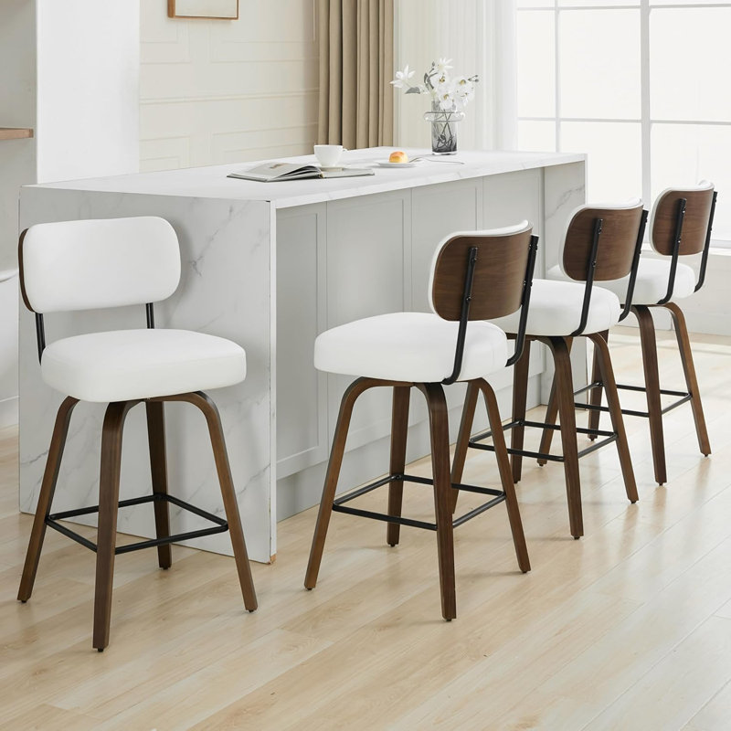 Tabouret de comptoir pivotant rembourré avec structure en bois, Blanc, 4