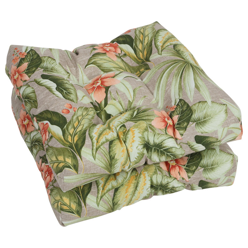 19-Inch Square Outdoor Tufted Dining Chair Cushions (Set Of 2), Tan/Pink/Tahiti Sunrise Floral