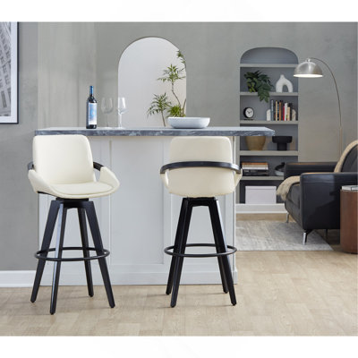 Tabouret de bar à hauteur fixe avec pivot en bois noir et similicuir avec repose-pieds rond en métal noir - ensemble de 2