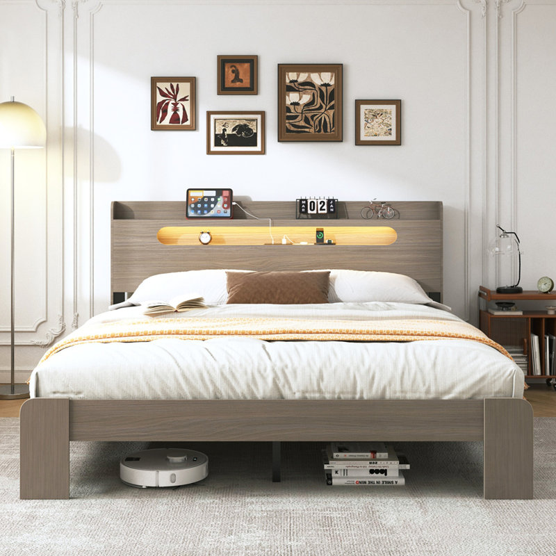 Structure de lit plateforme en bois avec rangement, tête de lit à DEL, 2 ports USB et assemblage facile, sans bruit et sans sommier