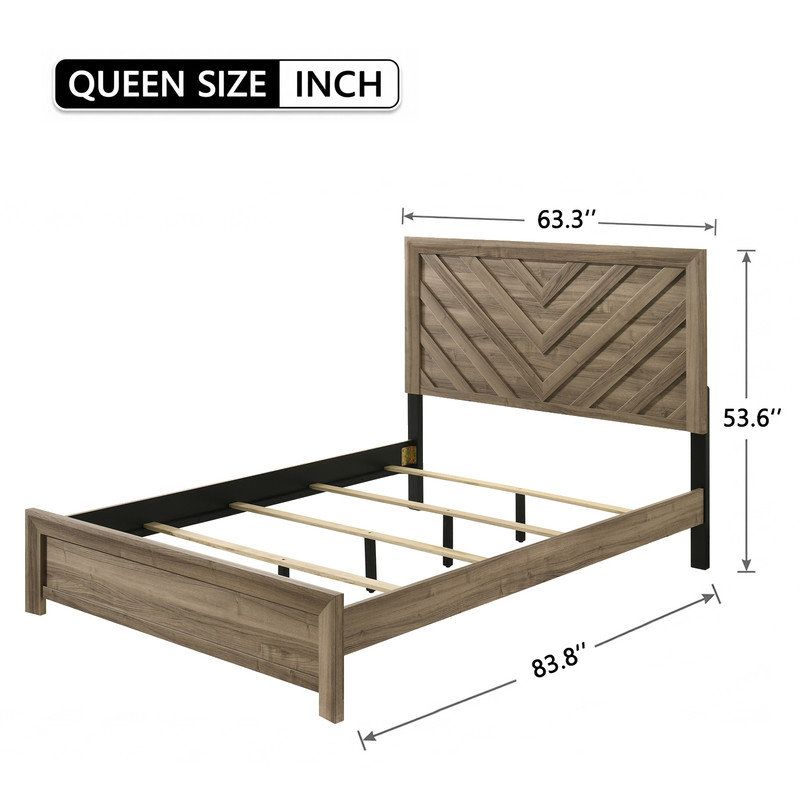 Chevron Wood Platform Bed Frame with Textured Headboard and Warm Natural Finish, Queen