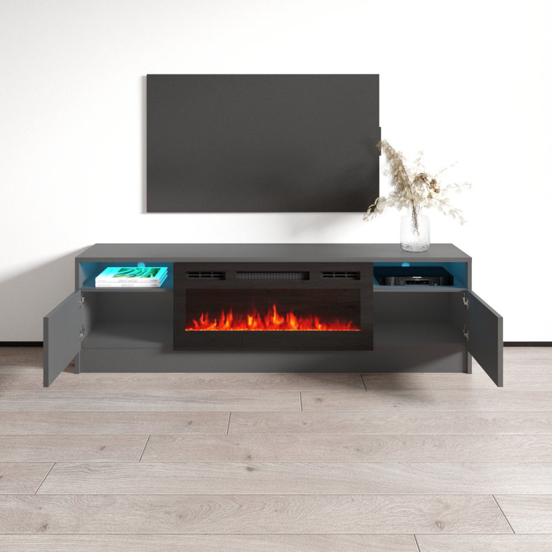 Meuble télé 63 po avec foyer électrique, finition brillante 63 po, Gris