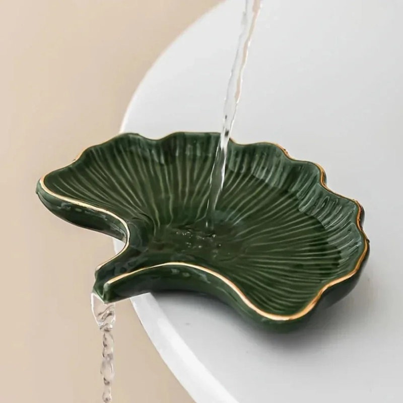 Soap Dish - Ceramic Golden Leaf, White