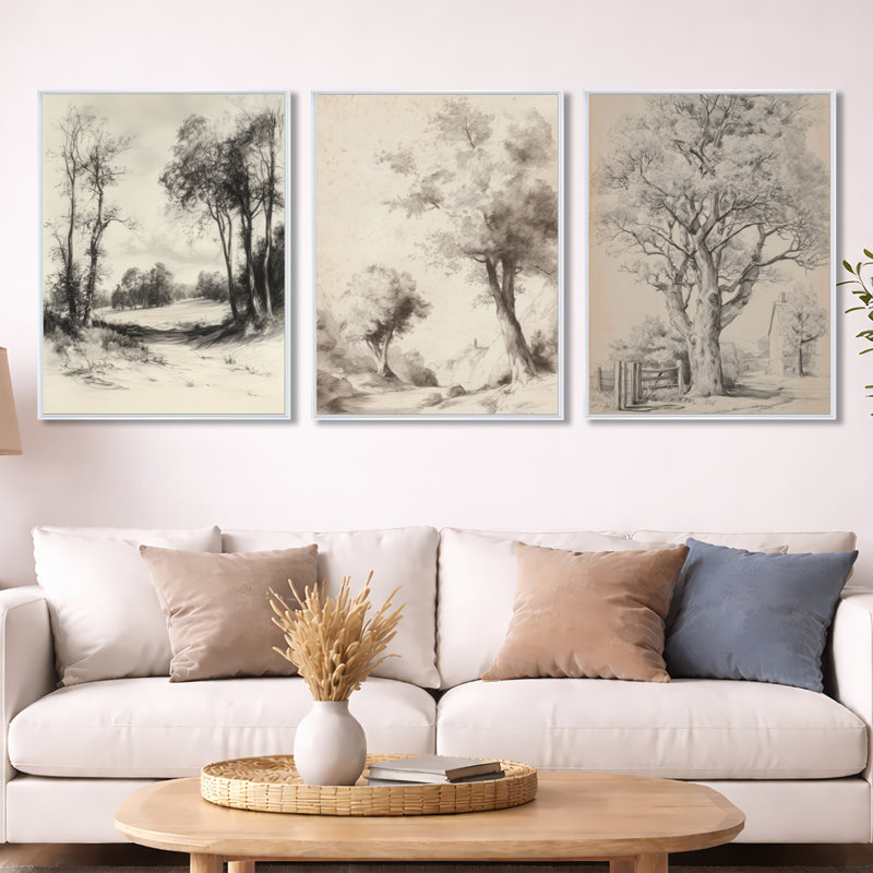 «Vintage Forest in English Countryside - Beige Trees», ensemble de 3 toiles encadrées, H 32 po x l 72 po