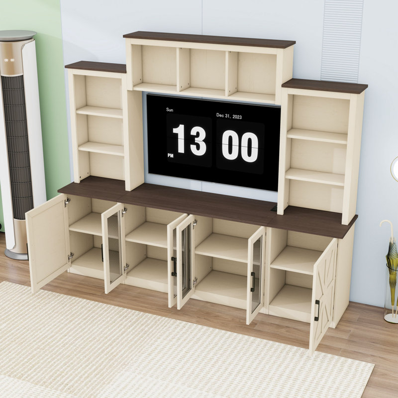 Meuble audio-vidéo moderne avec beaucoup de rangement, stations de charge intégrées et gestion des câbles, Beige / noyer