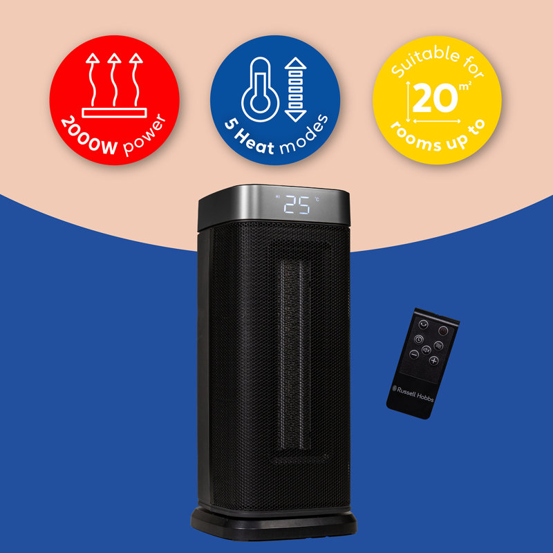 Russell Hobbs Rhcth2002g 2kw Oscillating Ceramic Heater W/digital Display In Black And Gold, Square Design, Black/Silver