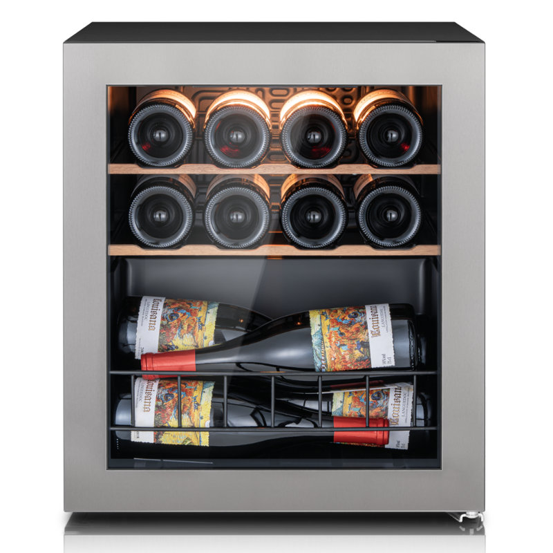Cave à vin Ca'Lefort de 43 cm de large, 14 bouteilles, pose libre, avec porte vitrée réversible à double vitrage, deux étagères réglables et éclairage intérieur tricolore.
