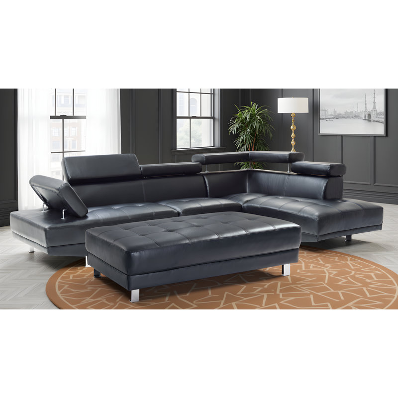 Farranshane White Faux Leather Sectional with Ottoman, Black