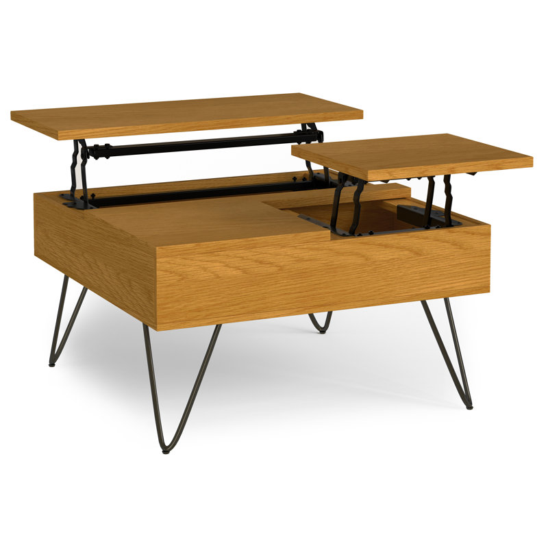 Hunter 32"W Solid Wood Industrial Square Lift Top Coffee Table with Hidden Storage and Metal  Hairpin Legs, Oak
