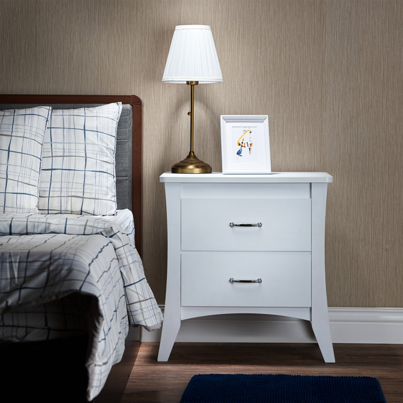 Table de chevet blanche avec deux tiroirs pour une atmosphère de chambre à coucher relaxante en bois 2 po