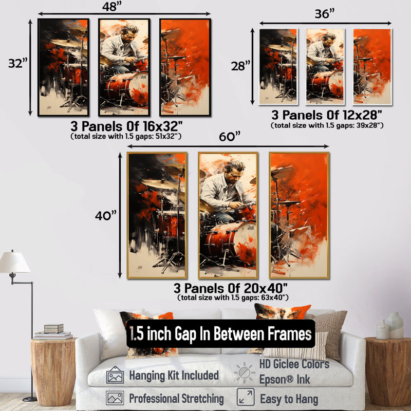 Deep Red Drum Beat, peinture I - musique, art mural, Cadre flottant noir, H 40 po x l 61 po
