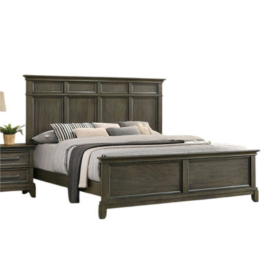 Traditional Gray Queen Size Bed Frame With Panel Headboard And Crown Molding In Solid Wood