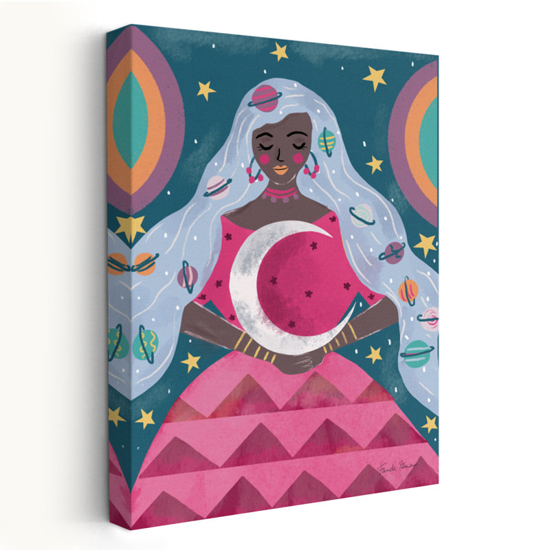 Femme mystique II - Croissant céleste bleu, lune, art éthéré, H 24 po x l 16 po