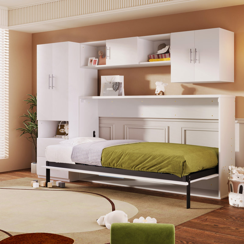 Lit escamotable simple avec tablettes ouvertes et tiroirs de rangement, armoire et table intégrées, blanc