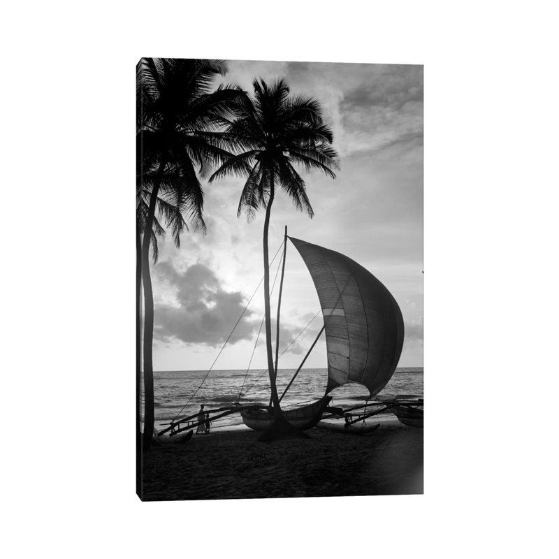1930s Single Catamaran On Tropical Beach At Sunset Palm Trees Sri Lanka - Wrapped Canvas Print, 20.32 cm H x 30.48 cm W
