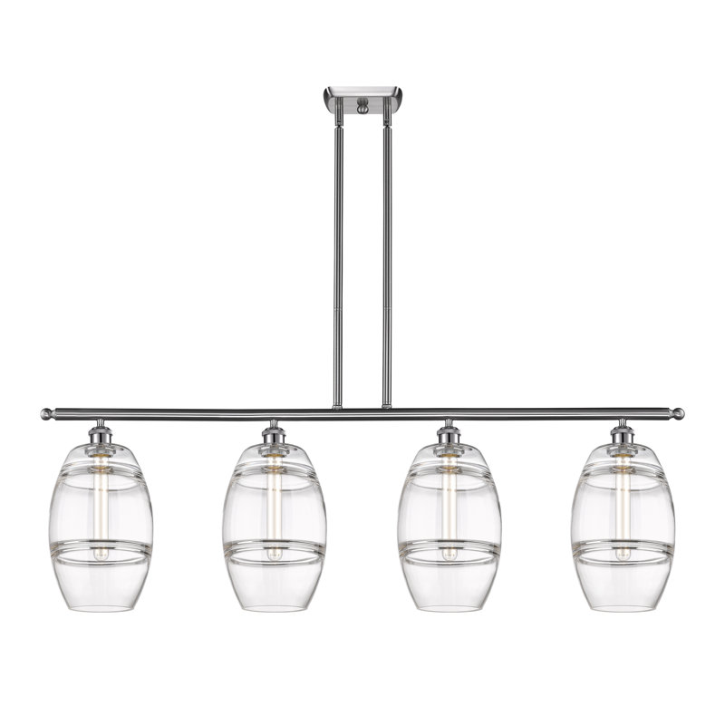 Luminaire suspendu rond / ovale pour îlot de cuisine à 4 lumières Dundrod, Nickel satiné brossé, Transparent