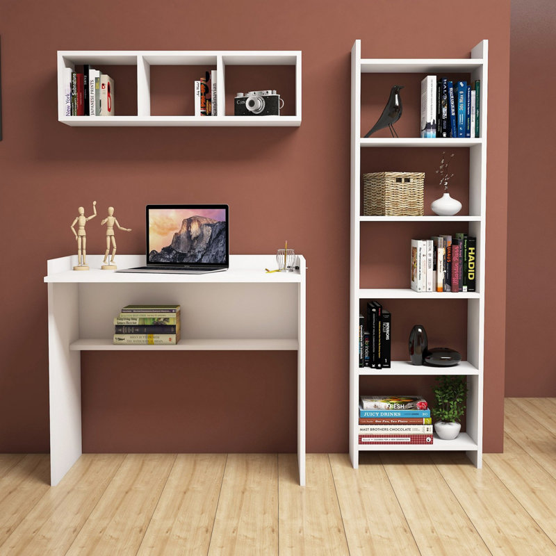 Modern Study Desk & Bookshelf Set, White, 35.4 x 31.5 x 22.8 inches | 100% Melamine Coated Particle Board, Thickness: 0.7 inches | Includes Numerous Shelves, Wall-Mountable Design, Perfect for Home Office & Study Spaces