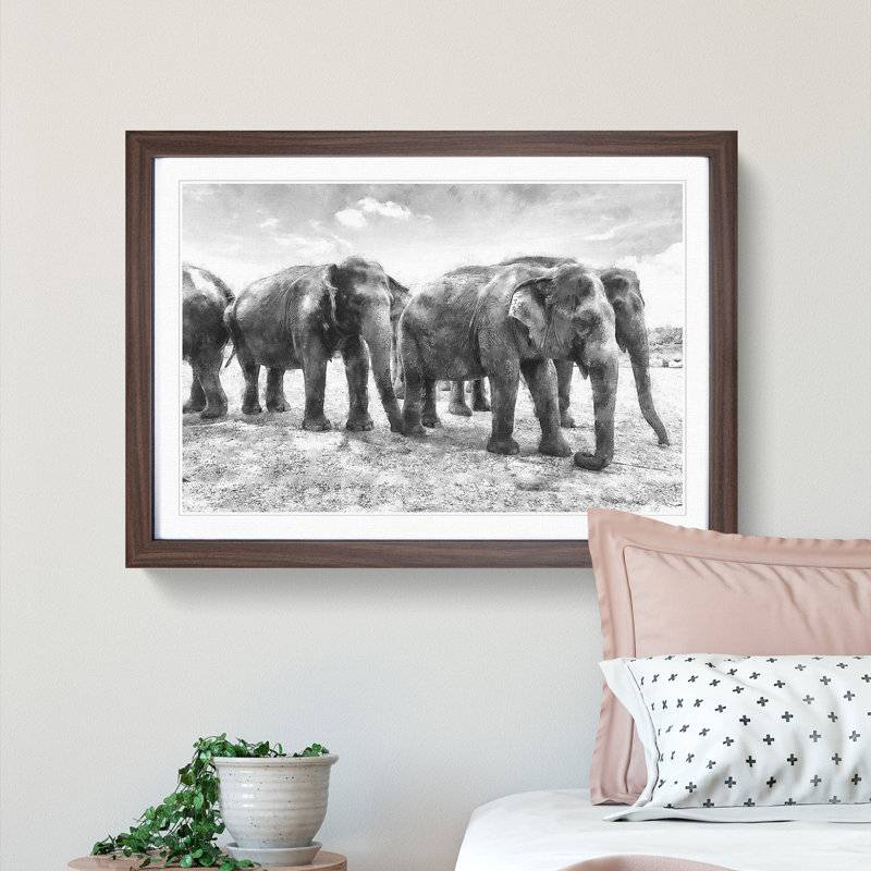 Elephants in Sri Lanka - Framed Print, 45cm H x 63cm W x 2cm D, Walnut Framed
