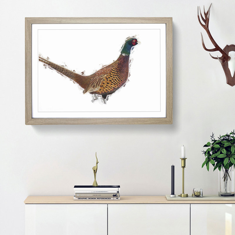 Pheasant Bird in Winter - Picture Frame Graphic Art Print, 62cm H x 87cm W x 2cm D, Oak Framed