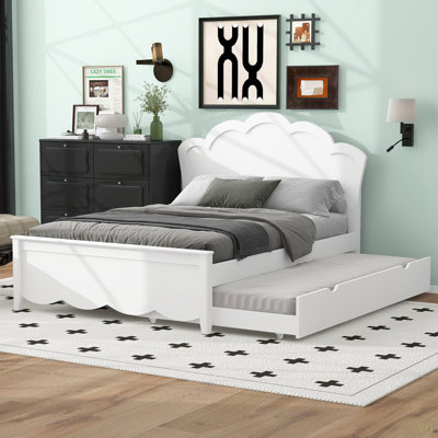 Full Size Wood Platform Bed With Headboard And Twin Size Trundle