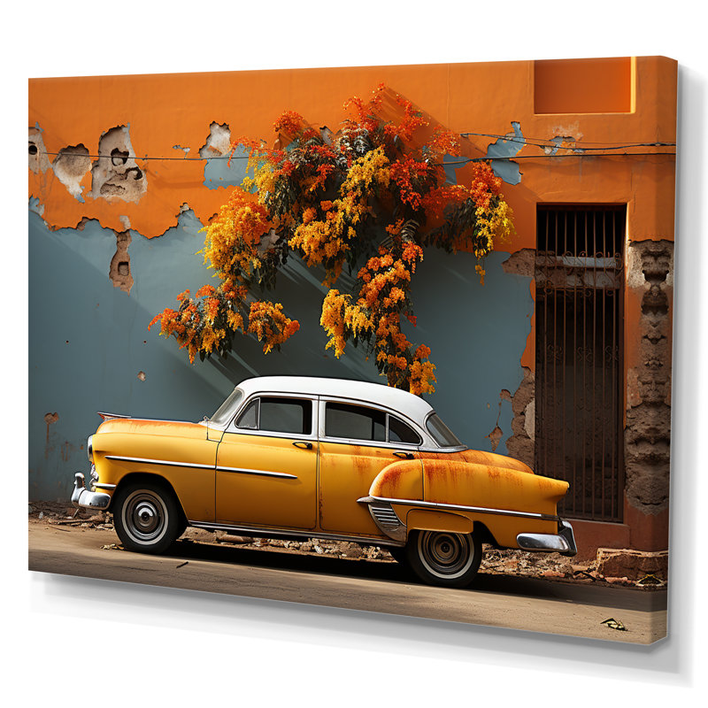 Voiture classique jaune Cuba, H 24 po x l 32 po x P 1 po, Toile tendue