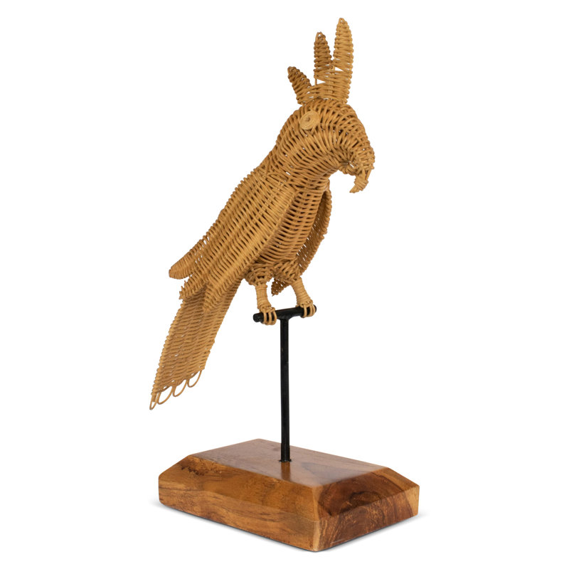 Sculpture de perroquet cacatoès en rotin - décor tropical tissé à la main, décor d'oiseau bohème sur support en bois