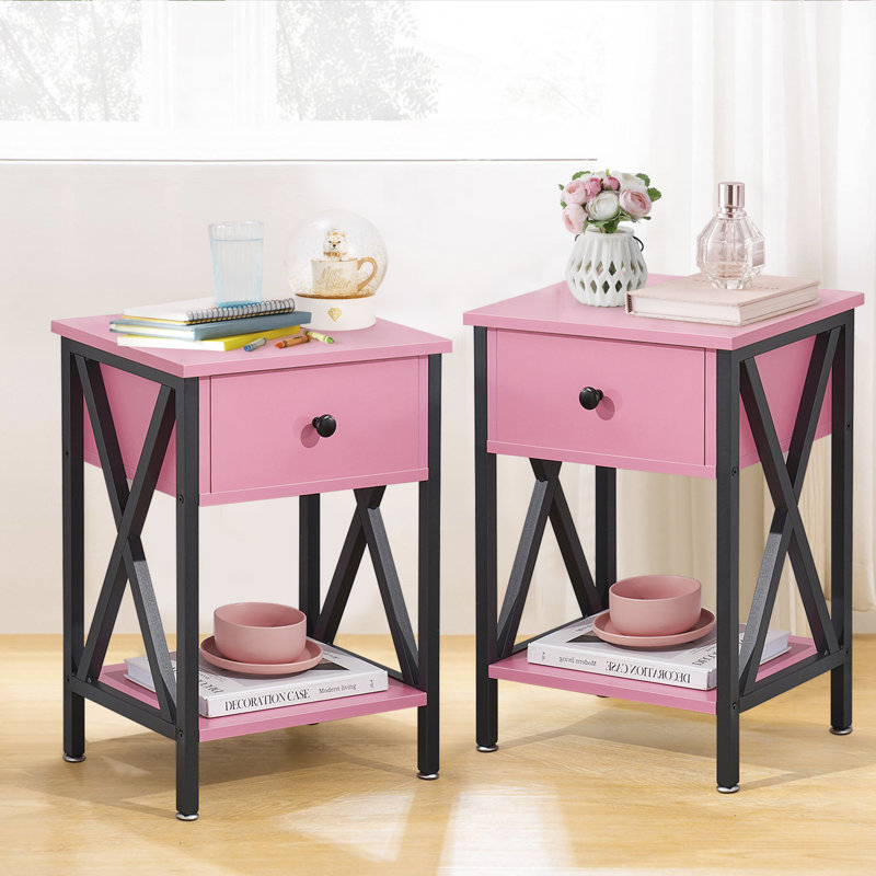Alameen 22" Tall Nightstand, End Side Tables with Storage Drawer and Open Wood Shelf for Bedroom, Pink