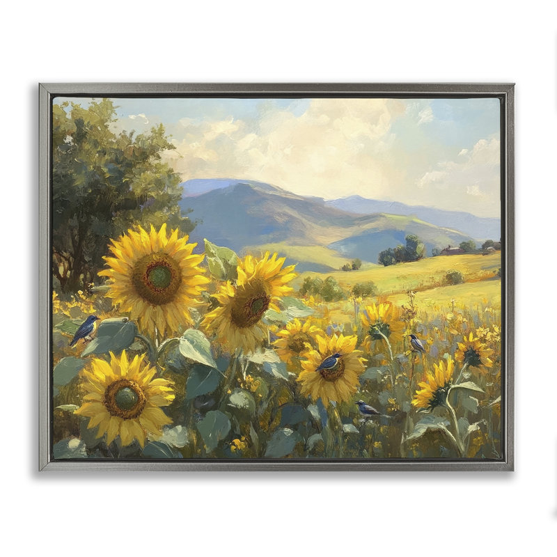 Sunflower Dream Distant Mountains Floating Frame, design by Petal Prints Design, Lustre Grey Floater Frame, 17" H x 21" W