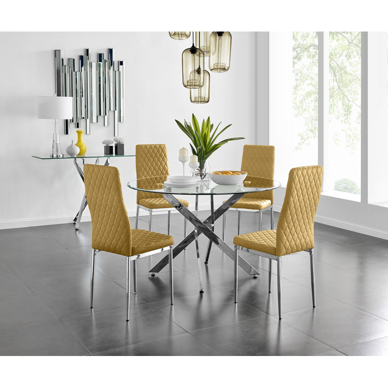 Bernell Modern Chrome Metal & Glass Round Dining Table Set with 4 Quilted Velvet Chairs, 75 x 120 x 120cm, Cream/Silver