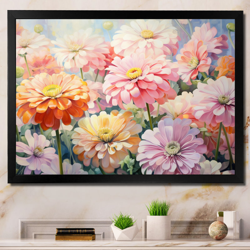 «Light Light Zinnias Romantic Impression II», reproduction sur toile, H 12 po x l 20 po x P 1 po, Cadre photo noir